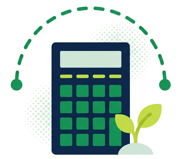 A calculator under a dashed arc with a small green sprout beside it