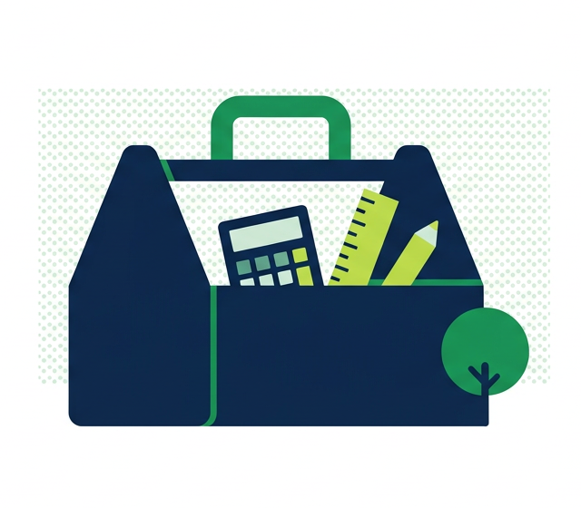 A navy toolbox holding a calculator, a ruler and a pencil